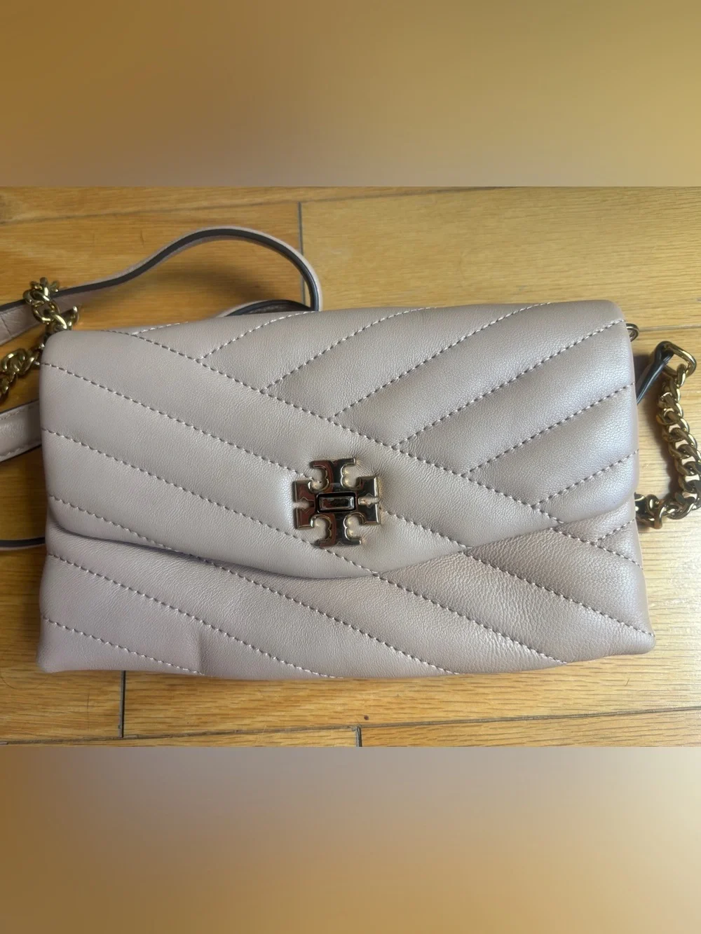 Tory Burch Quilted Crossbody Bag in Tan with Gold Logo